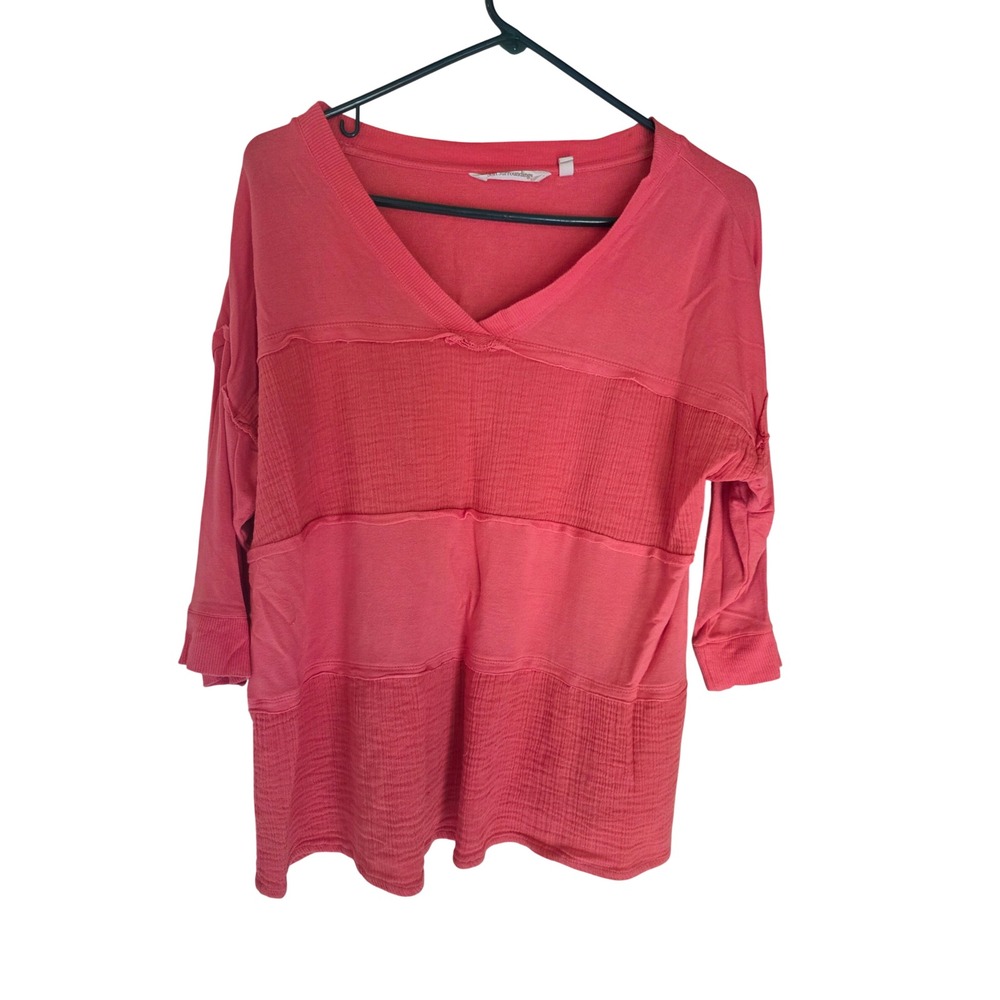 Soft Surroundings Coral Pink Mixed Media V-Neck 3/4 Sleeve Top PL Petite Large